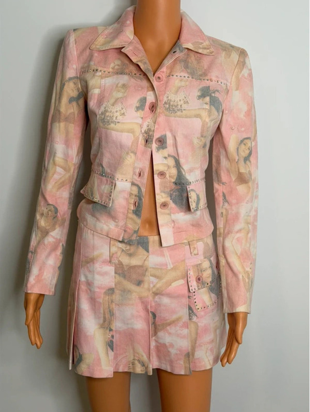 Vintage René Rofé Y2K Pin-Up Print Rhinestone Jacket & Mini Skirt Set